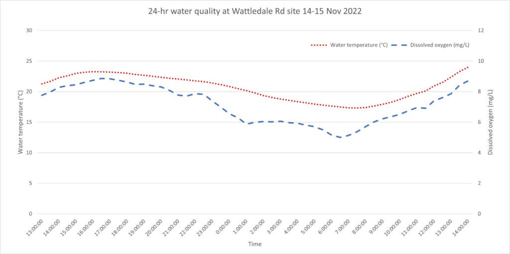 A graph of the water quality recorded during the 24-hour assessment at the Wattledale Road site - November 2022.